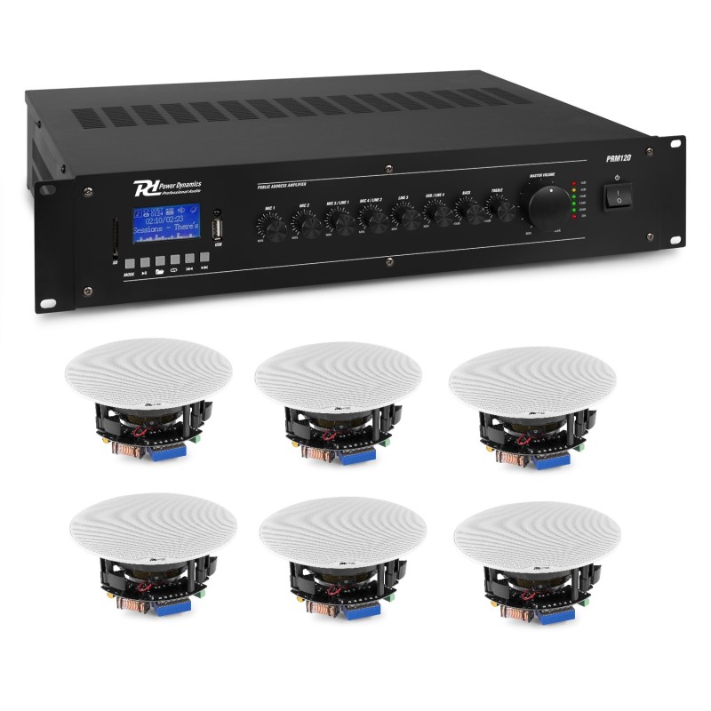 KIT DE SONORIZARE: Amplificator mixer cu 6 canale, 100V, 120W RMS, Power Dynamics PRM120 + 6x Difuzoare de tavan 100V, 2 căi, 20W RMS, 5.25", Power Dynamics FCS5
