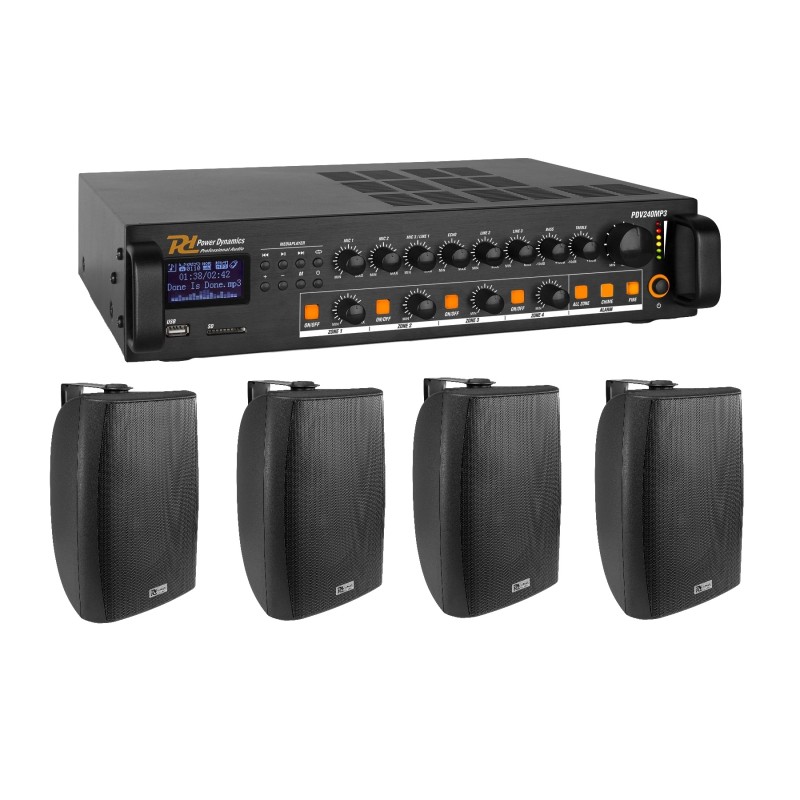 Kit Terasă: Amplificator mixer pe 4 zone, 100V, 240W, Bluetooth/USB/SD PDV240MP3 + 4x boxe 100V, 50W RMS, IPX5, negru, BF80TB, Power Dynamics