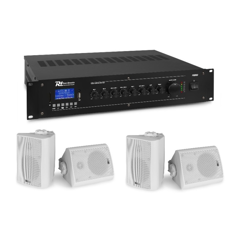 Kit de terasă: Amplificator mixer cu 6 canale, 100V/8 ohm, 60W RMS, Bluetooth/USB/SD, Power Dynamics PRM60 + 2x Seturi de 2 boxe interior/exterior, 100V/8ohm, 30W RMS, 4", IPX5, alb, Power Dynamics BC40V