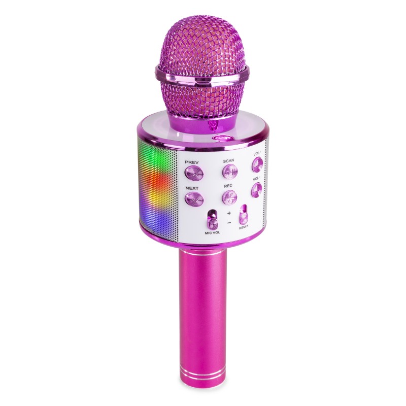 KM15P Microfon de karaoke cu difuzor și lumini LED colorate, Bluetooth/USB/SD, roz, Max