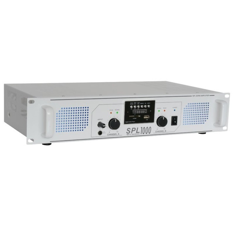 SPL1000MP3 Amplificator cu 2 canale, alb, 2x500W, USB/SD, LED, Skytec