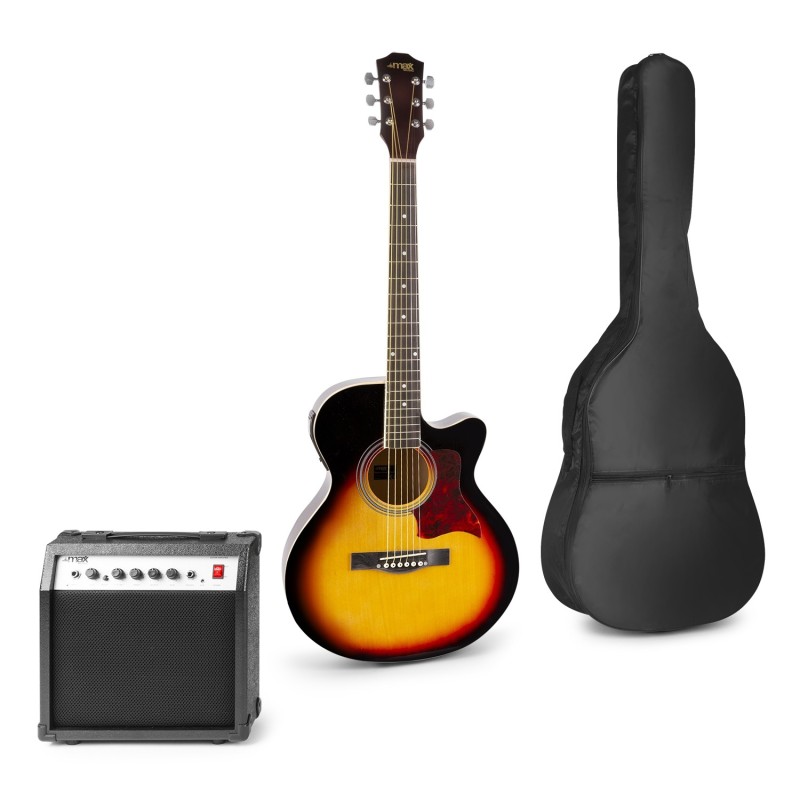 Set chitară acustică electrică + amplificator 40W + geantă de transport, maro, MAX Showkit
