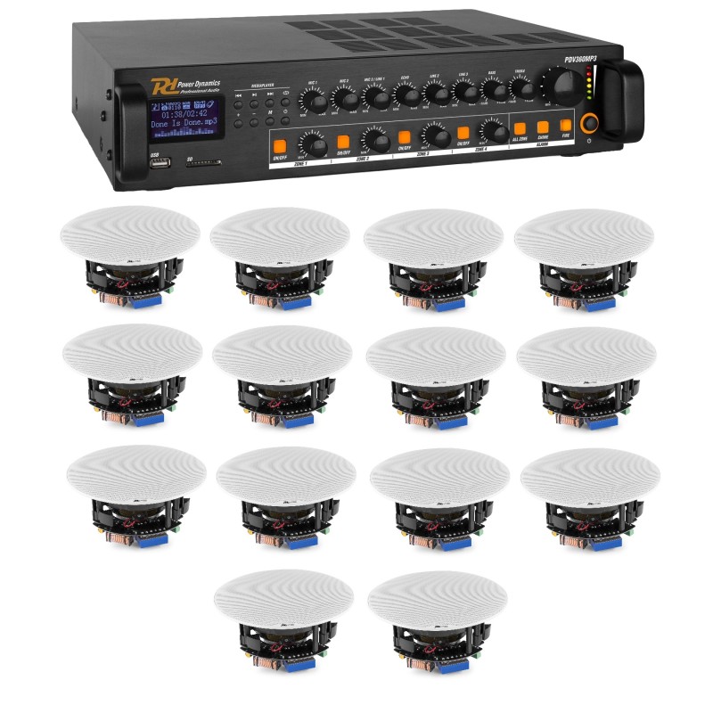 KIT DE SONORIZARE: Amplificator mixer pe 4 zone, 100V, 360W, Bluetooth/USB/SD, Power Dynamics PDV360MP3 + 6x Difuzoare de tavan 100V, 2 căi, 20W RMS, 5.25", Power Dynamics FCS5