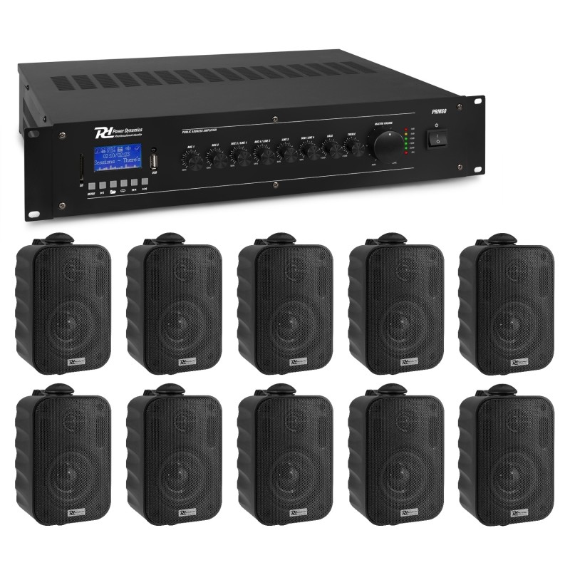 Sistem sonorizare terasă Power Dynamics, amplificator mixer cu 6 canale, 100V/8 ohm, 60W RMS, Bluetooth, PRM60 + 10 boxe, 20W RMS, IPX5, 100V/8ohm, negru BC30V