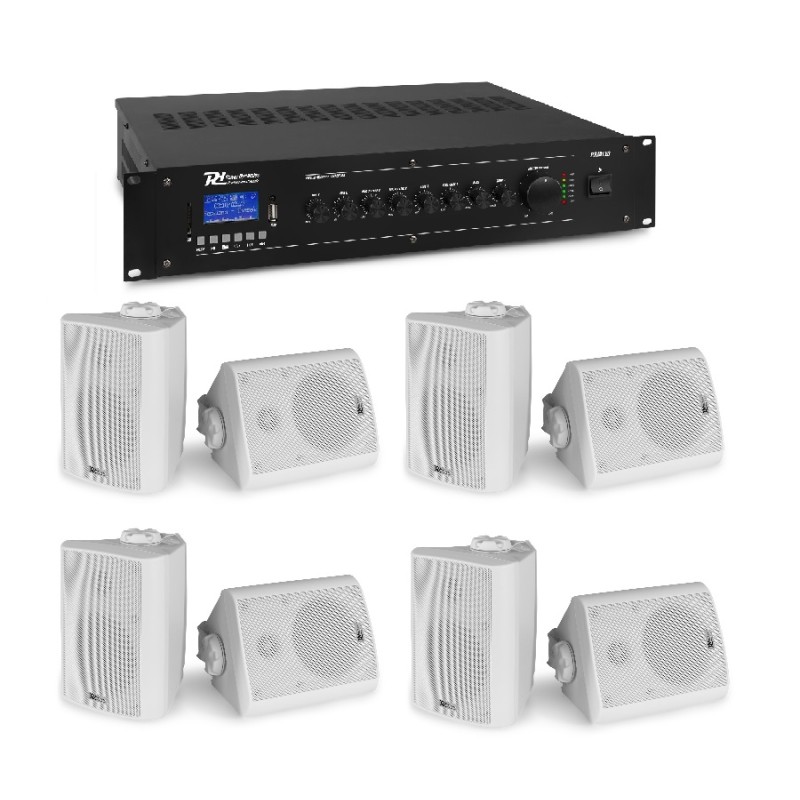 Kit de terasă: Amplificator mixer cu 6 canale, 100V/8 ohm, 120W RMS, Bluetooth/USB/SD, Power Dynamics PRM120 + 4x Seturi de 2 boxe interior/exterior, 100V/8ohm, 30W RMS, 4", IPX5, alb, Power Dynamics BC40V