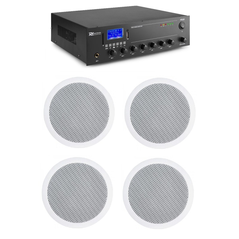 KIT DE SONORIZARE: 1x Amplificator de sonorizări, 100V/70V/8 ohm, 30W RMS, Power Dynamics PPA30 + 4x Difuzoare de tavan, 100V, 10W, 6", Power Dynamics CSPB6